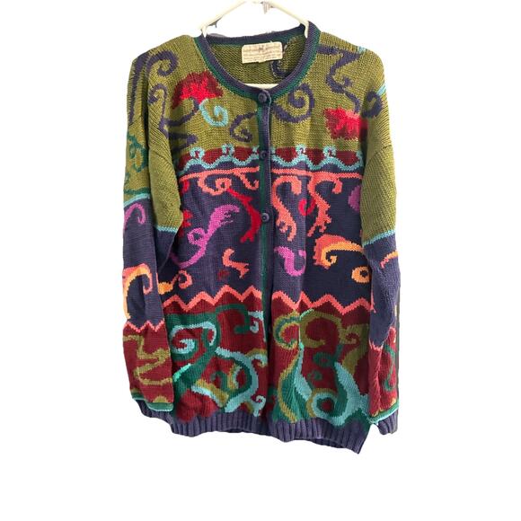 RARE Peruvian Connection Cardigan Sweater Sz L Floral Colorful 100% Pima Cotton - Picture 1 of 9